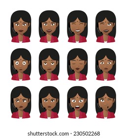 Illustration of an isolated female indian avatar expression set wearing headset