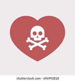 Illustration of an isolated flat color red heart with a skull
