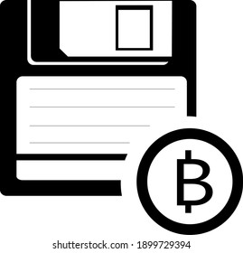 Illustration of an isolated floppy disk with a bitcoin icon. Storing information about bitcoin in memory. Designed for toolbars in the user interface.