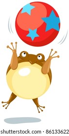 illustration of isolated frog jumping with ball on white
