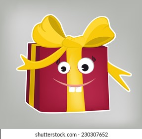 Illustration of isolated gift box with funny face and big ribbon (vector)