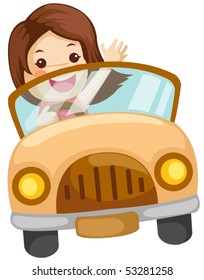 illustration of isolated girl driving a car on white background