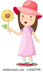 illustration of isolated girl holding sun flower on white