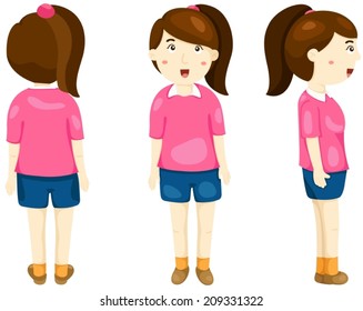 Illustration Of Isolated Girl Posing Back, Front And Side View