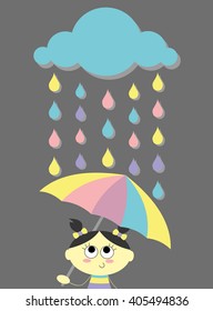 illustration of isolated girl in rain with umbrella