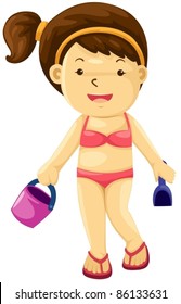 illustration of isolated girl with toy beach on white