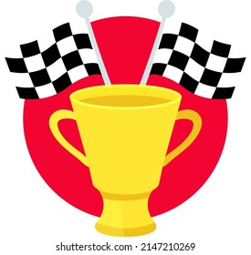 Illustration of an isolated gold cup and a black and white checkered flag on a red circle. Race win. Vector illustration