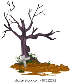 illustration isolated grave and dead tree white