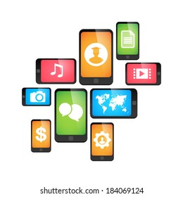 Illustration of an isolated group pf smatphones with icons