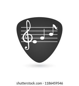 Illustration of an isolated guitar pick with a g clef and notes, vector illustration isolated on white background.