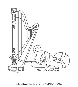 illustration of isolated hand drawn iguana playing harp vector