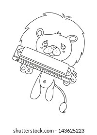 illustration of isolated hand drawn lion playing harmonica vector