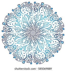 Illustration with isolated hand drawn mandala with doodles. Antistress zentangle. Drawing for coloring book.