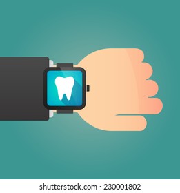 Illustration of an isolated hand with a smart watch displaying a tooth