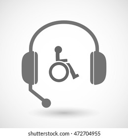 Illustration of an isolated hands free headset icon with  a human figure in a wheelchair icon