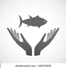 Illustration of an isolated hands offering sign with  a tuna fish