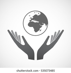 Illustration of an isolated hands offering sign with   an Asia, Africa and Europe regions world globe