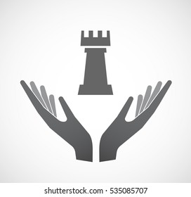 Illustration of an isolated hands offering sign with a  rook   chess figure