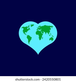 Illustration of an isolated heart with a world map. Vector planet Earth icon.