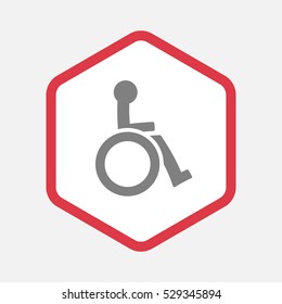 Illustration of an isolated hexagonal line art icon with  a human figure in a wheelchair