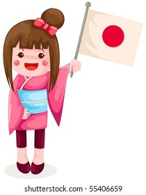 illustration of isolated Japanese girl holding flag on white