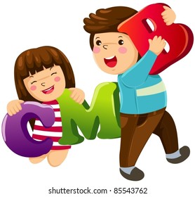 illustration of isolated kids with alphabet letters on white background