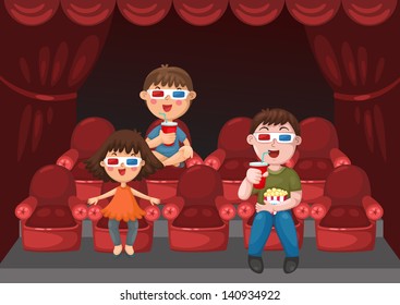 illustration of isolated kids watching a movie with 3d glasses vector