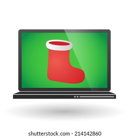 Illustration of an isolated laptop with a christmas sock