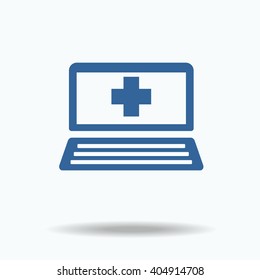 Illustration of an isolated laptop icon with a pharmacy sign.  One of set web icons