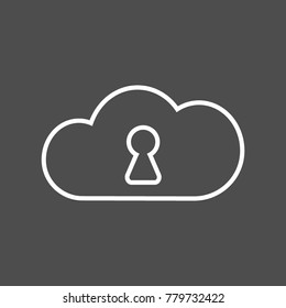 Illustration of an isolated line art cloud icon with a key hole