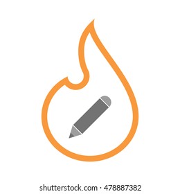 Illustration of an isolated  line art flame icon with a pencil