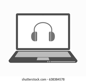 Illustration of an isolated line art laptop with a earphones