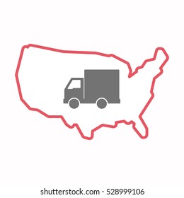 Illustration of an isolated line art map of USA with a  delivery truck