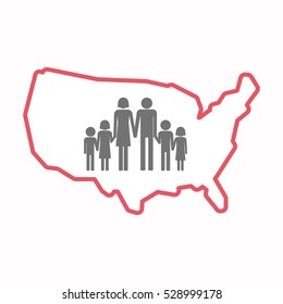 Illustration of an isolated line art map of USA with a large family  pictogram
