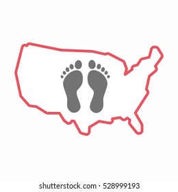 Illustration of an isolated line art map of USA with two footprints