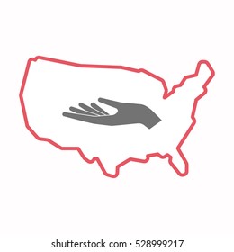 Illustration of an isolated line art map of USA with a hand offering
