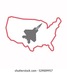 Illustration of an isolated line art map of USA with a combat plane