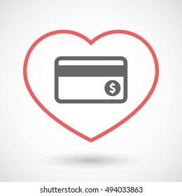 Illustration of an isolated  line art red heart with  a credit card