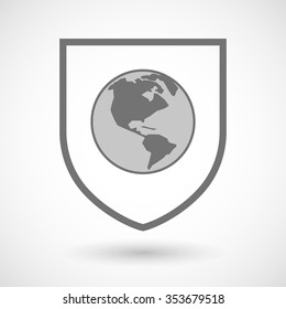 Illustration of an isolated line art shield icon with an America region world globe