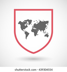 Illustration of an isolated line art shield icon with a world map