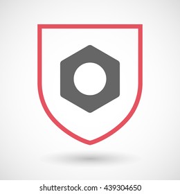 Illustration of an isolated line art shield icon with a nut