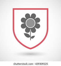 Illustration of an isolated line art shield icon with a flower