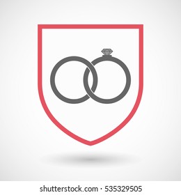 Illustration of an isolated line art shield with  two bonded wedding rings