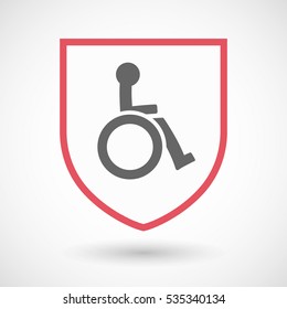 Illustration of an isolated line art shield with  a human figure in a wheelchair icon