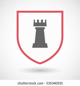 Illustration of an isolated line art shield with a  rook   chess figure