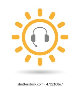 Illustration of an isolated  line art sun icon with  a hands free phone device