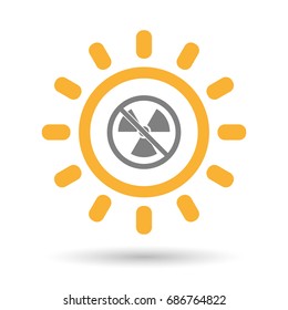 Illustration of an isolated line art Sun with  a radioactivity sign  in a not allowed signal 