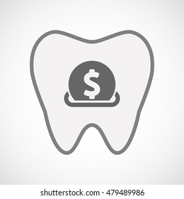 Illustration of an isolated line art tooth icon with  a dollar coin entering in a moneybox
