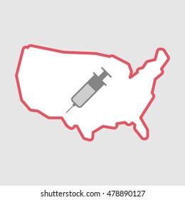 Illustration of an isolated line art  USA map icon with a syringe