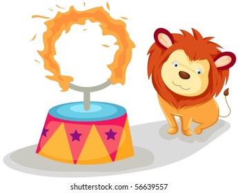 illustration of isolated lion with flaming ring on white